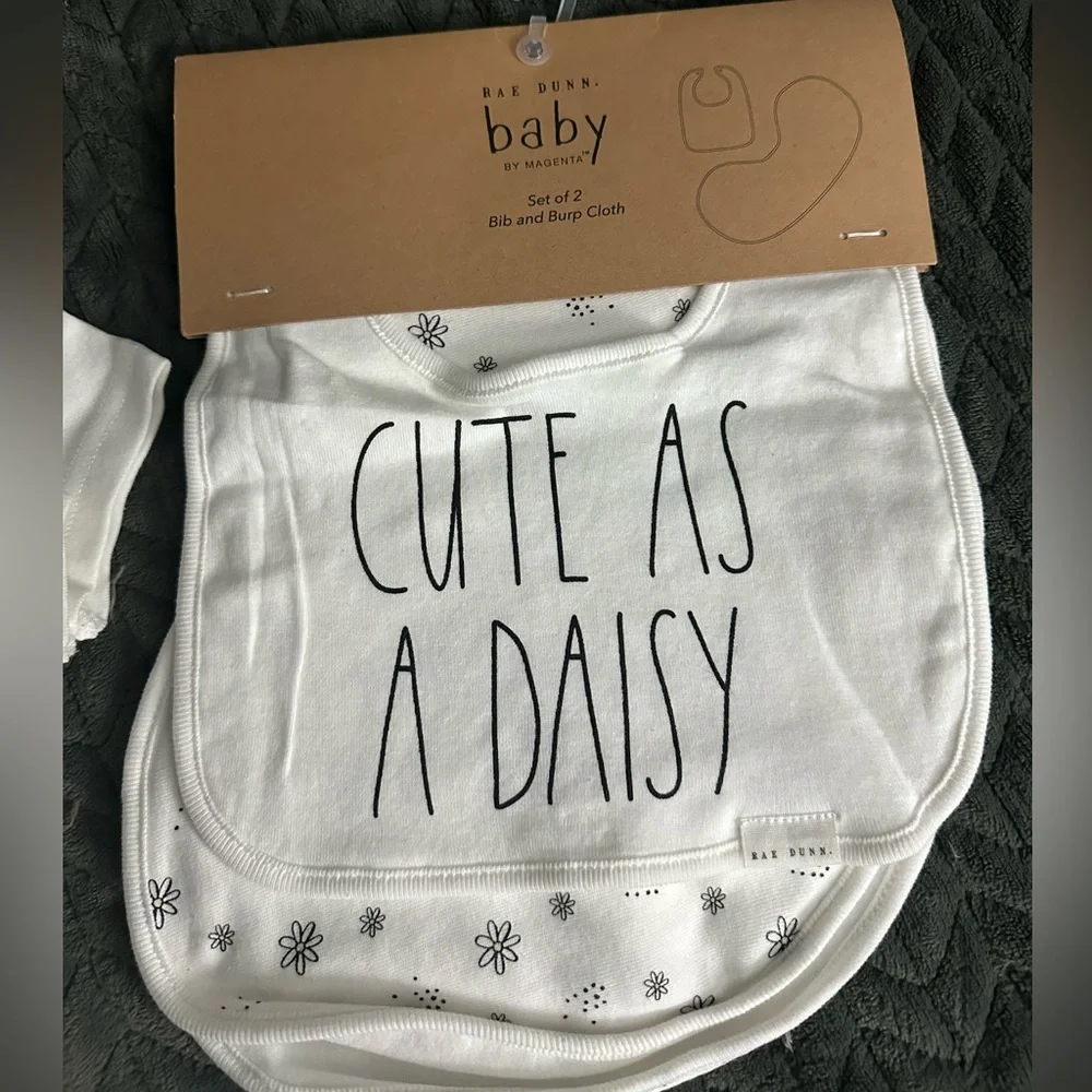 Rae Dunn White Baby Onesie with Daisy Print and bib set - Picture 4 of 5